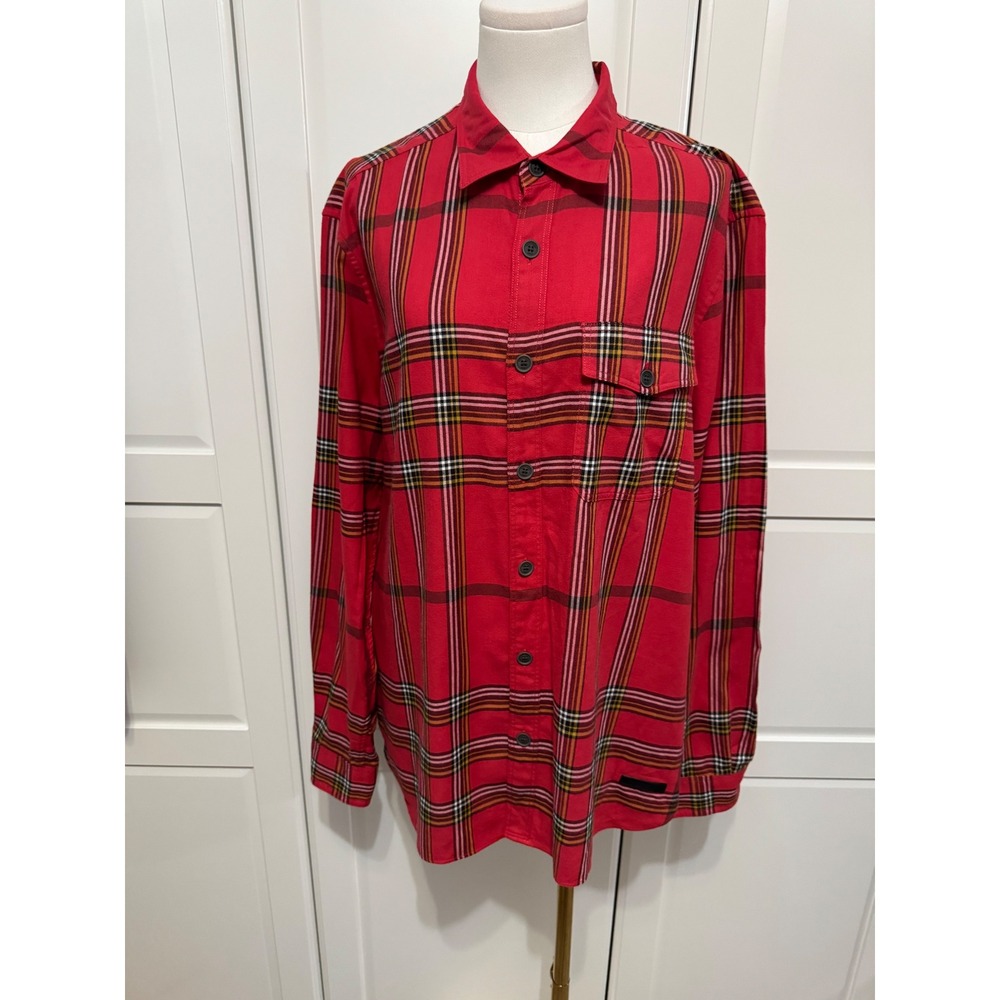 Burberry Brit Womens Red Plaid Flannel Button Down Shirt XL Cotton Leather Patch